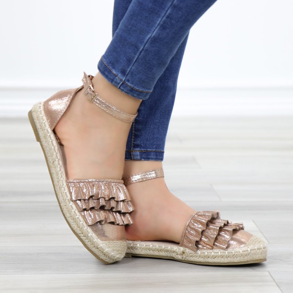 Sparkly Champagne Espadrille Ruffle Sandals - Picture 2 of 11